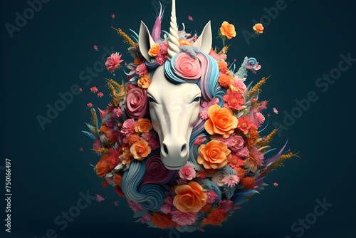 Unicorn head with flowers on dark background, 3d illustration, Ai Generated