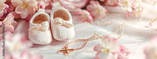 Baby booties and cross stitch baby baptism concept. Selective focus. photo