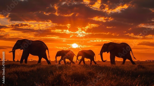 Herd of Elephants Walking Across Grass Field