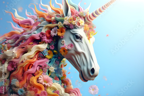 Unicorn with flowers on blue background, 3d illustration, Ai Generated