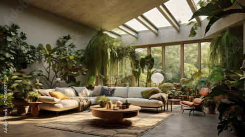 A modern living room featuring a unique ceiling and walls, an abundance of plants, and a warm atmosphere © Textures & Patterns