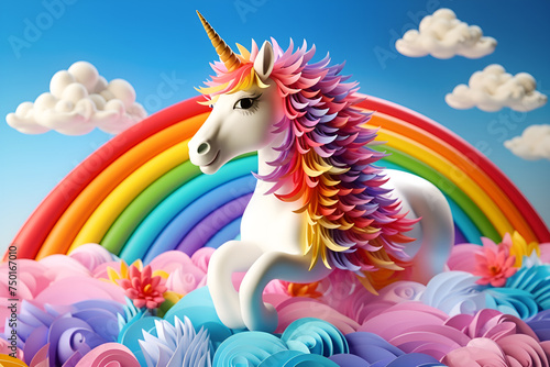 Unicorn with rainbow and clouds. 3d render illustration, Ai Generated