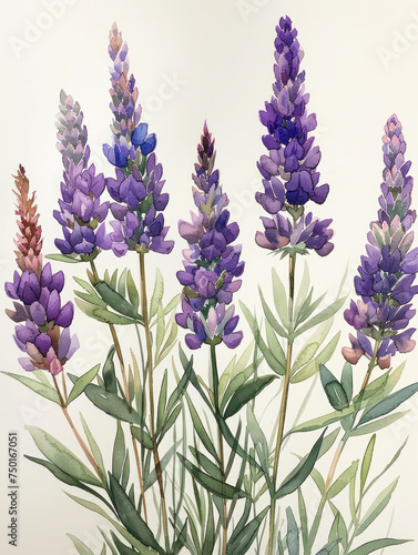 Colorful lavender flowers watercolor illustration isolated 