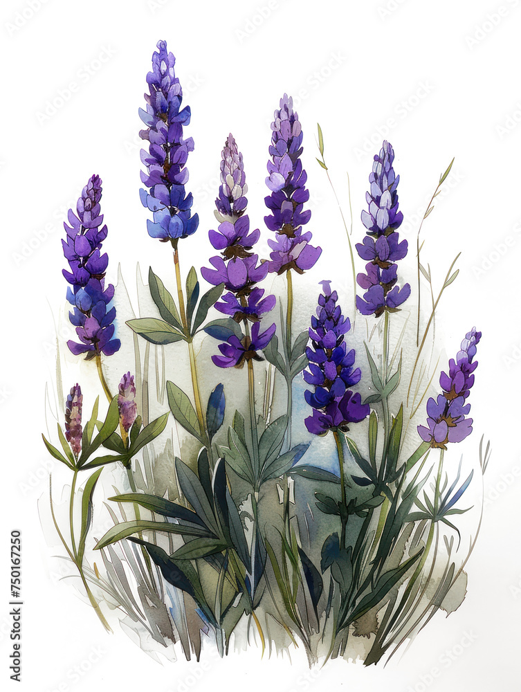 Colorful lavender flowers watercolor illustration isolated 