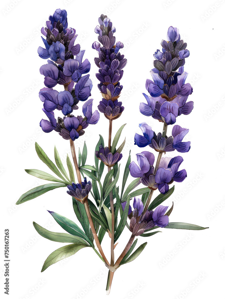 Fototapeta premium Colorful lavender flowers watercolor illustration isolated 