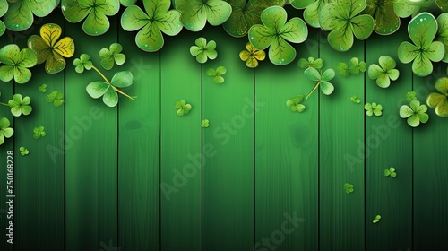 St.Patrick 's Day. Green wooden background with clover leaves.