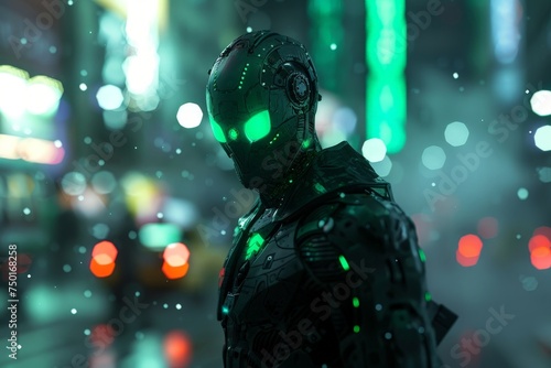 A man in a green suit stands in front of a city street with bright lights
