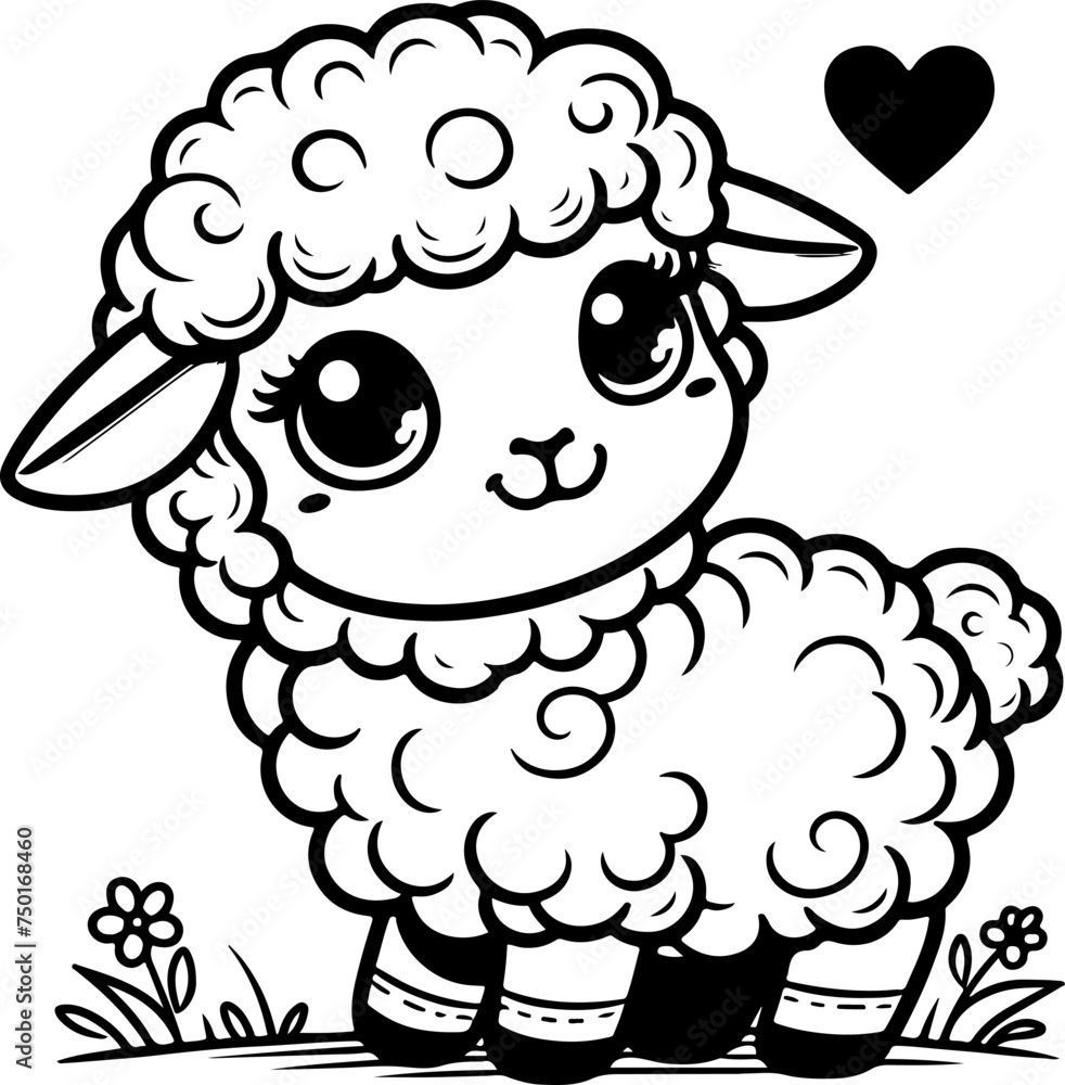 Fototapeta premium Cute baby sheep black outline vector illustration. Coloring book for kids.