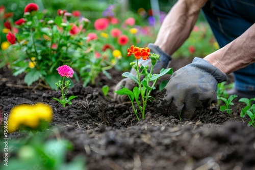A person is planting a flower in the dirt