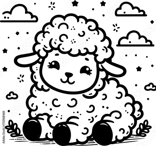 Cute baby sheep black outline vector illustration. Coloring book for kids.