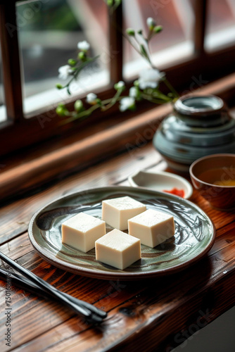 Tofu cheese on the table. selective focus.
