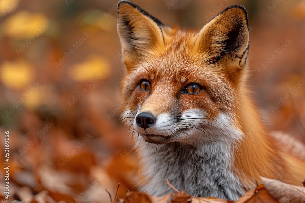 Fototapeta premium Blurry forest background with a fox in focus, its graceful silhouette blending with nature's hues.