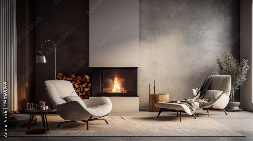 Fototapeta premium A modern living room with a textured wall finish, a fireplace, and a large armchair