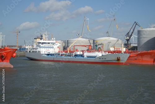 Chemical tanker during STS operation inside the port