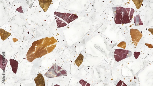 A terrazzo stone mosaic texture background with a white base adorned with gold, purple and brown chips.