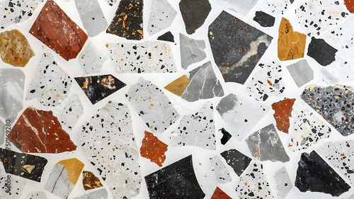 A terrazzo stone mosaic texture background with a white base adorned with gray, deep red, and gold chips.