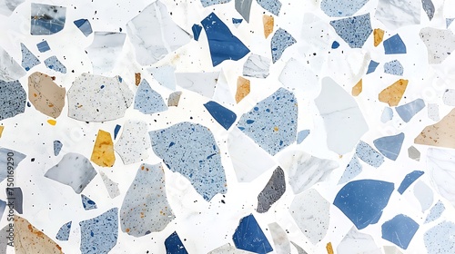 Abstract background. white terrazzo marble flooring seamless texture with light blue, yellow and gray chips.