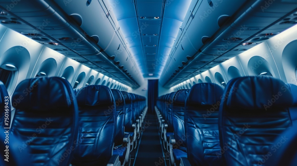 Rows of seats line the interior of an airplane cabin, forming the ...