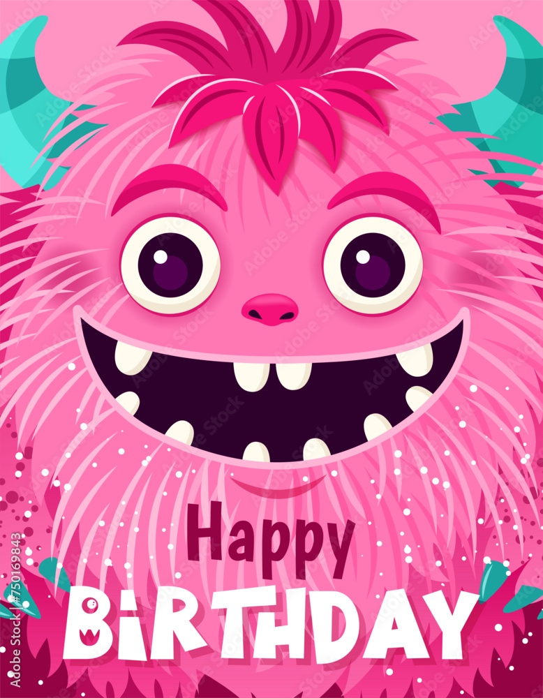 Happy Birthday greeting card or Monster party invitation. Festive postcard featuring a fluffy cartoon monster. Vector design with a cute creature for your celebration event. Layered template. Happy Birthday greeting card or Monster party invitation. Festive postcard featuring a fluffy cartoon monster. Vector design with a cute creature for your celebration event. Layered template.