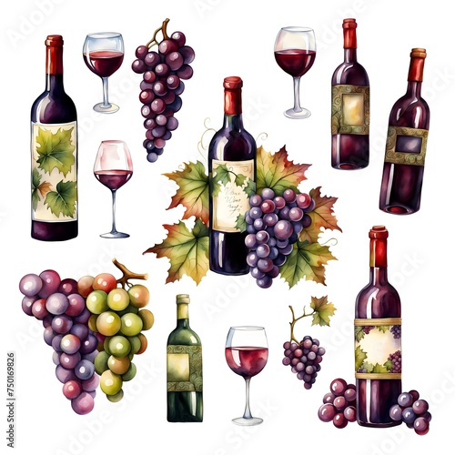 Hand drawn watercolour wine clipart set, grape, bottle and glass of red wine
