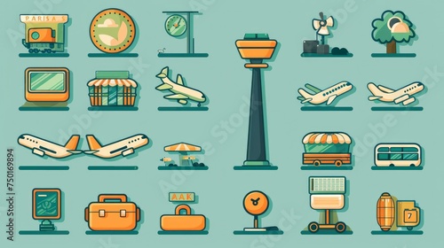 A vector set features adorable airport icons and signs, perfect for adding charm to any aviation-related project photo