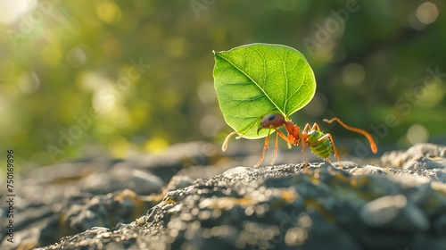 A close-up of an ant carrying a leaf piece, showcasing the strength and teamwork in the animal kingdom