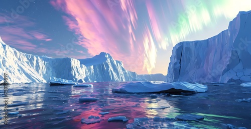 purple clouds over iceberg landscape with wate