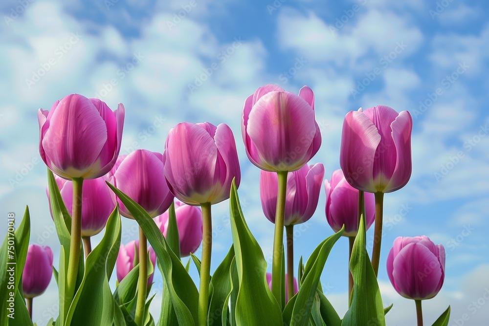 A bunch of pink tulips are in a field with a blue sky in the background