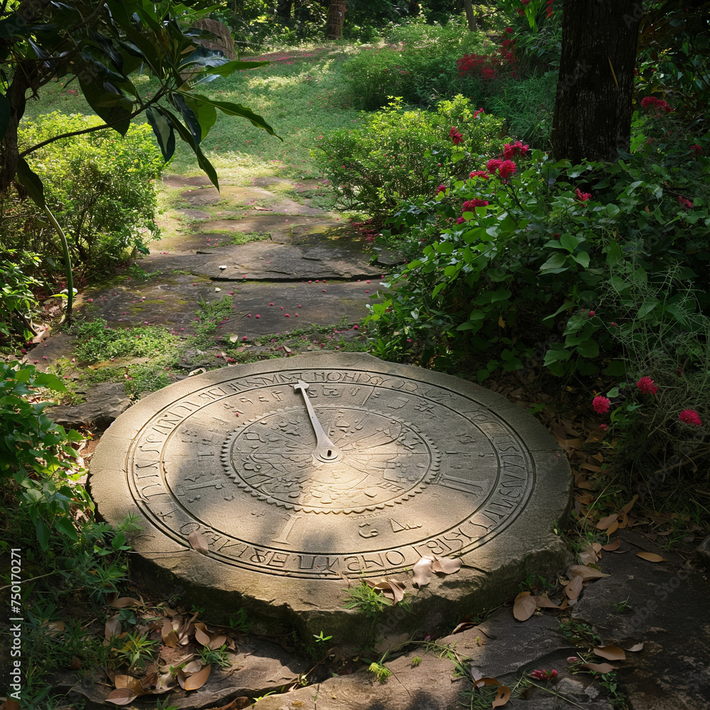 Ancient Sundial in a Tranquil Garden, Shadow Casting on Engraved Time Markers, Surrounded by Lush Greenery and Blooming Flowers