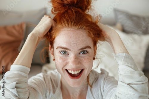 A woman with red hair is smiling and has her hair in a bun