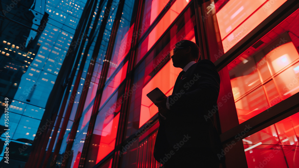 businessman at night outside office building businessman at night outside office building