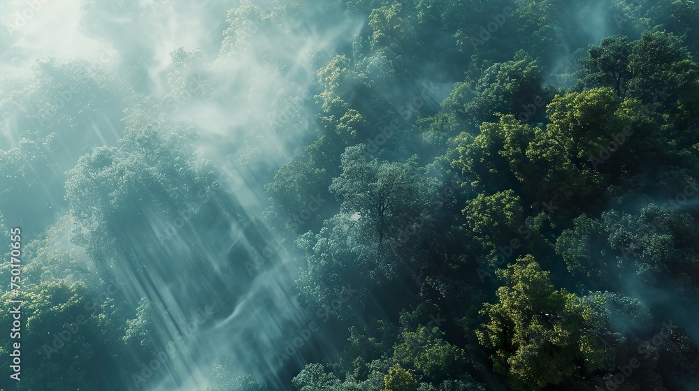 Obraz premium sunrays piercing through mist over tree tops from above