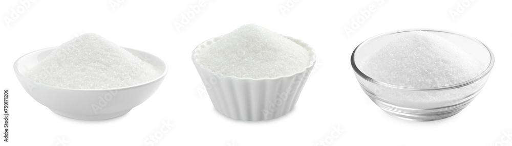 Granulated sugar in bowls isolated on white, set Granulated sugar in bowls isolated on white, set