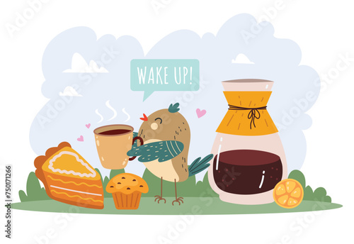 Bird with cup of coffee good morning wake up concept. Vector cartoon graphic design element illustration