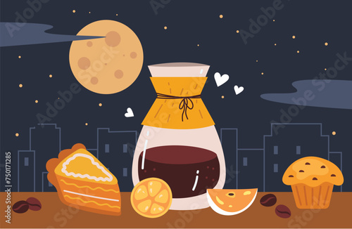 Coffee mug cup city night concept. Vector cartoon graphic design element illustration