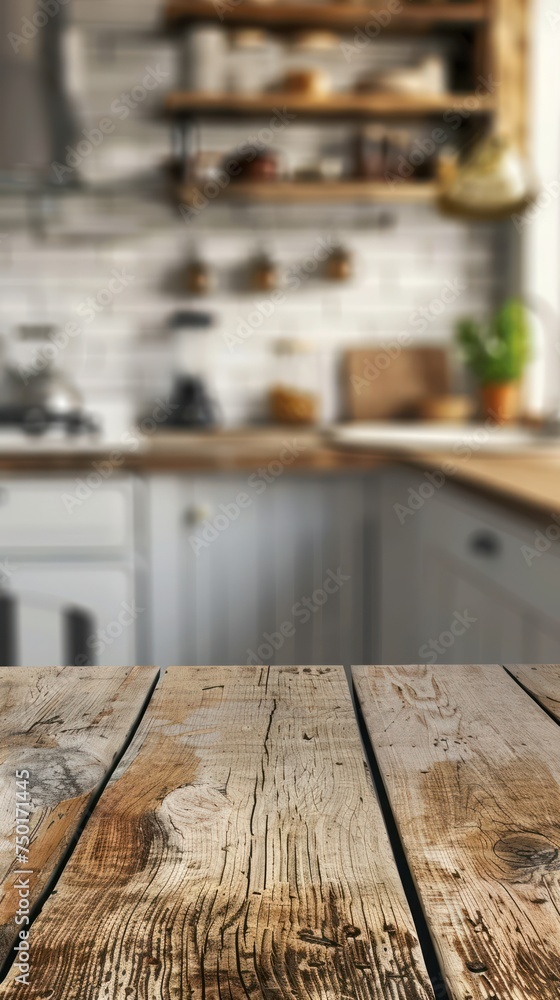 Empty wooden table and blurred kitchen interior background, product display montage Empty wooden table and blurred kitchen interior background, product display montage