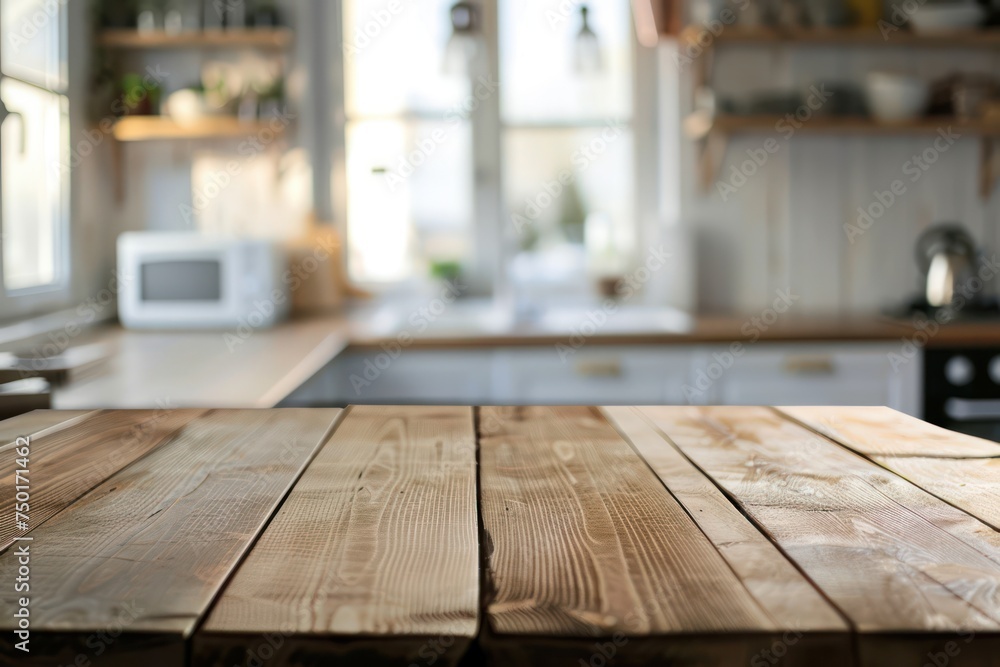 Empty wooden table and blurred kitchen interior background. Ready for product display montage
