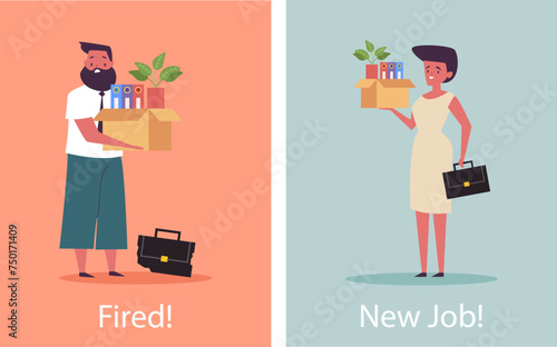 Business people office worker character find new job and lost. Being hired and fired concept. Vector design graphic flat cartoon isolated illustration