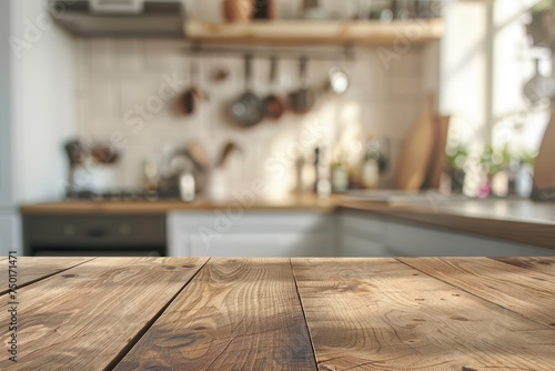 Empty wooden table and blurred kitchen interior background, product display montage
