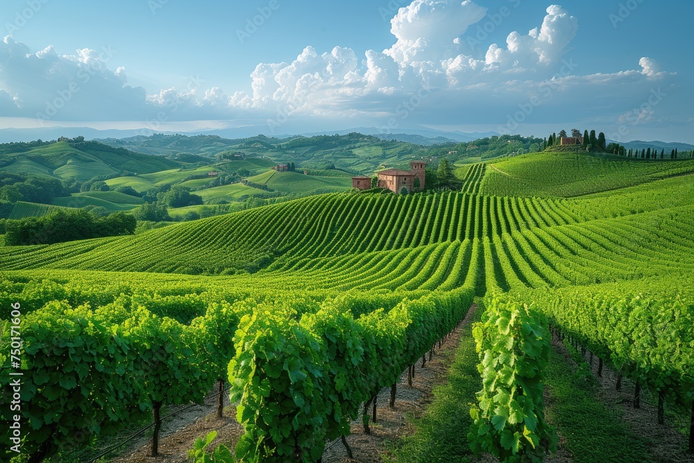 Green vineyards growing on the hills under blue sky with white clouds in Italy or France
