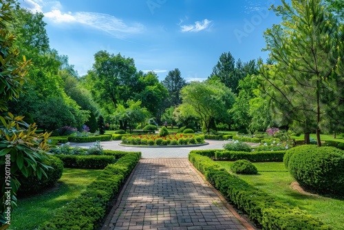 A beautiful garden with a brick walkway and hedges © Aliaksandr Siamko