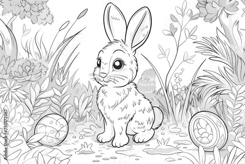 Coloring page outline of cartoon cute easter bunny with eggs. Coloring book for kids.