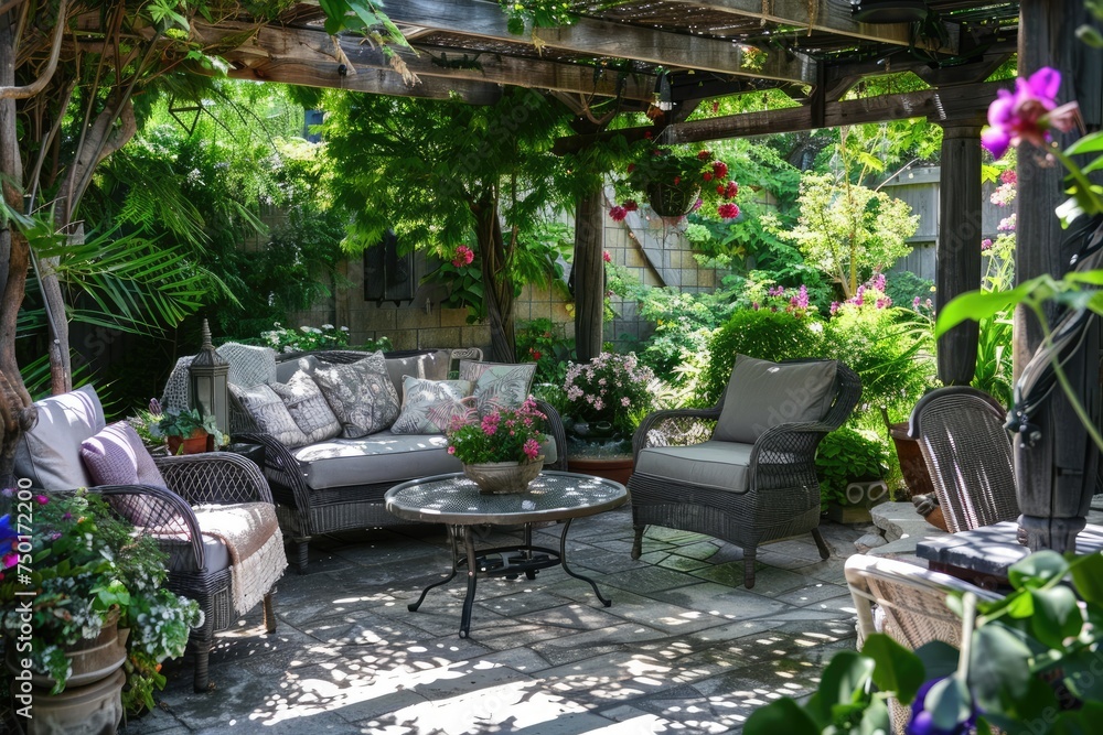 Cozy outdoor patio in a lush garden setting