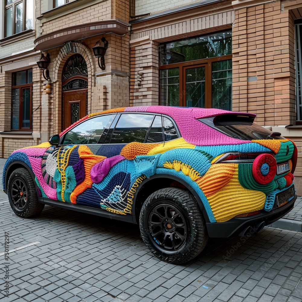 Knit My Ride: A Colorful Yarn-Covered Car in an Urban Oasis