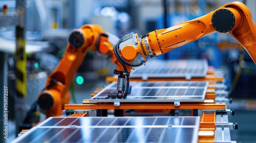 Industrial robotic arm on a production line in a modern solar panel factory