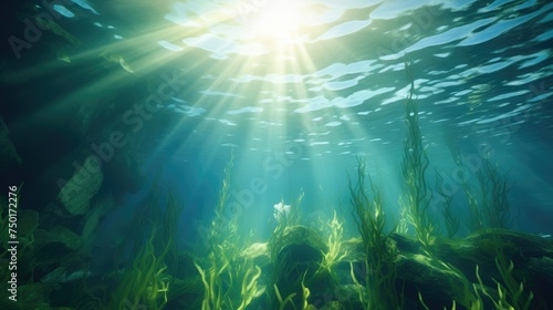 Underwater sunlight piercing through ocean surface