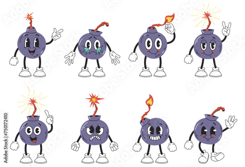 Retro style cartoon bomb characters isolated set. Vector graphic design illustration