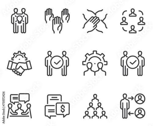 Business people boss employee team working together. Business success teamwork concept. Flat lined thin isolated icon set