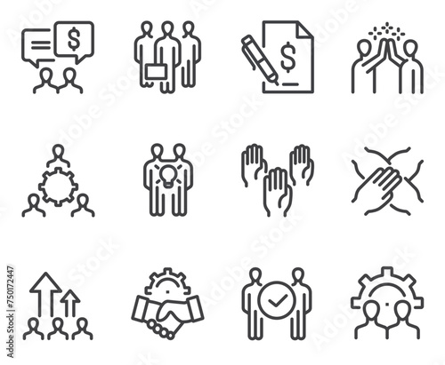 Business people boss employee team working together. Business success teamwork concept. Flat lined thin isolated icon set