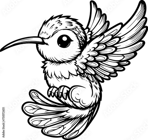 Cute baby colibri black outline vector illustration. Coloring book for kids.